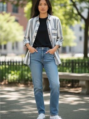 Reitmans White & Navy Striped Classic Button Shirt Large Coastal Spring